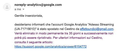 eliminazione account analytics