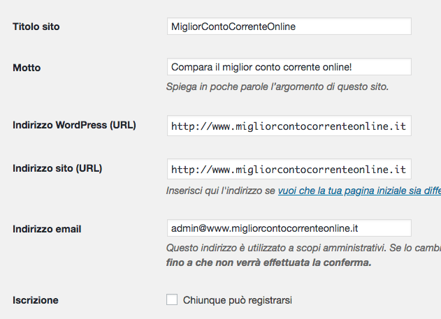 ripristinare nome dominio con wp