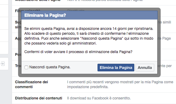 eliminare pag facebook